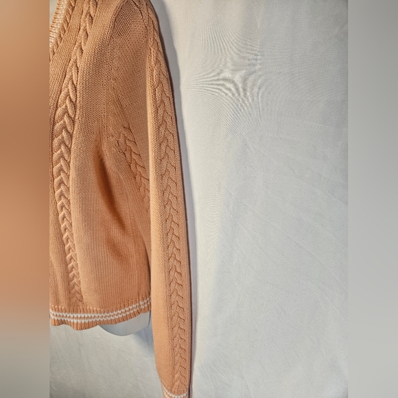 IZOD Cable Knit V Neck Sweater Peach Varsity Stripe Cotton M - Picture 4 of 9